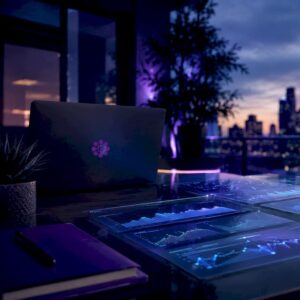 Purple glowing futuristic glass workspace surface