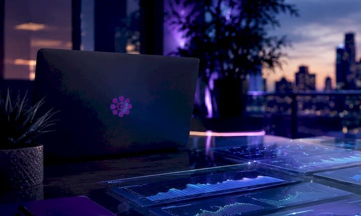 Purple glowing futuristic glass workspace surface